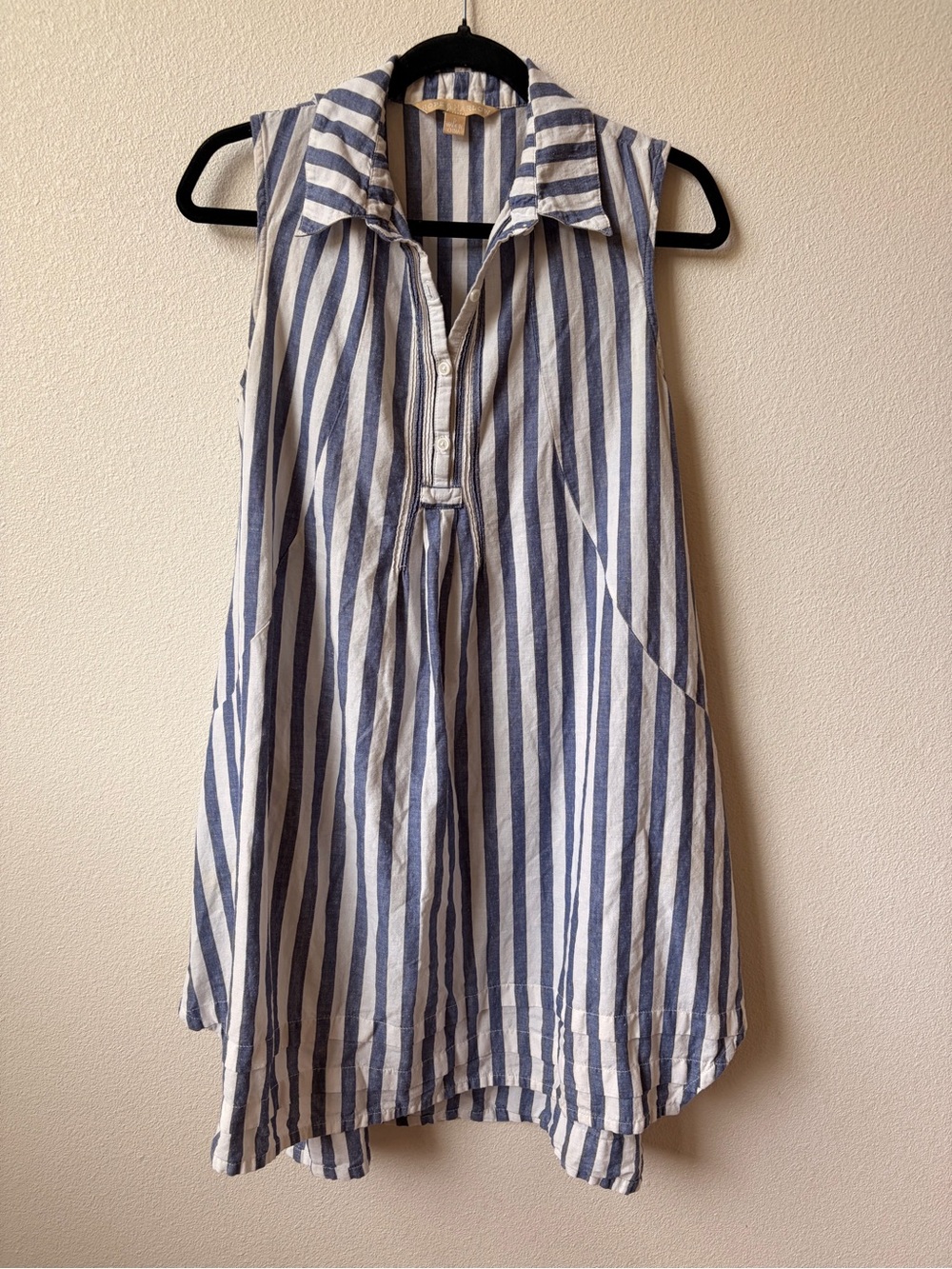 Hope & Harlow Linen Blend Sleeveless Blue and White Striped Collared Tunic